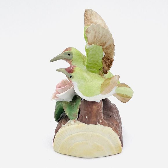 Vintage Hummingbirds On Log Figurine Green With Pink Flower Hand Painted Ceramic - Picture 4 of 5
